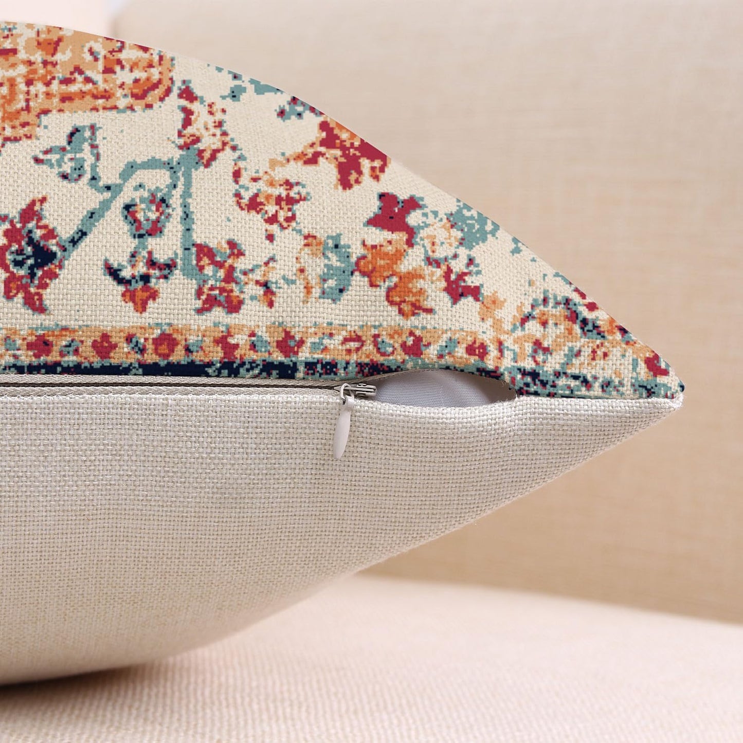 Outdoor Waterproof Pillow Covers - 20x20 Inch Set of 2 Bohemian Vintage Carpet Pattern Pillow Covers in Orange and Blue Ethnic Design for Decorative Farmhouse, Couch, Garden, Balcony