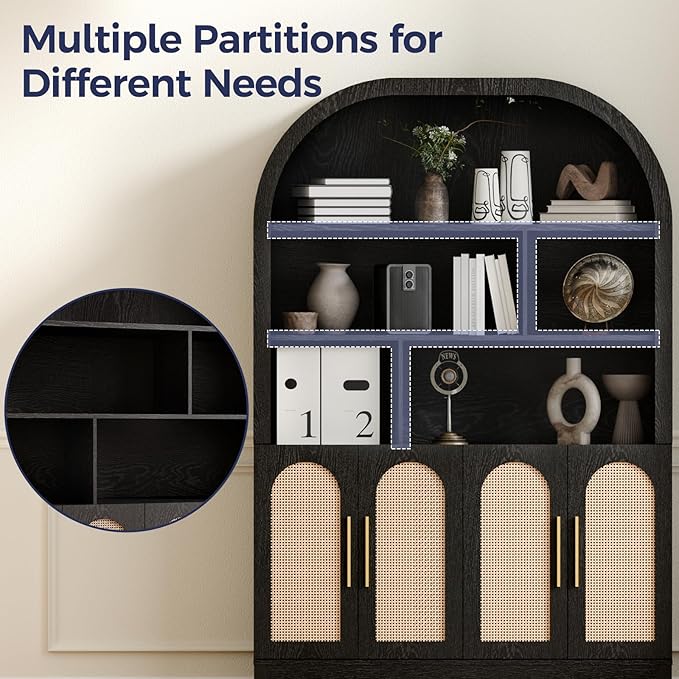 71" Tall Wide Arched Storage Cabinet, 5-Tier Rattan-Door Bookcase with Divider Shelf & Gold Pull Handles, Wood Versatile Pantry Organizer for Living Room/Kitchen/Office, Black