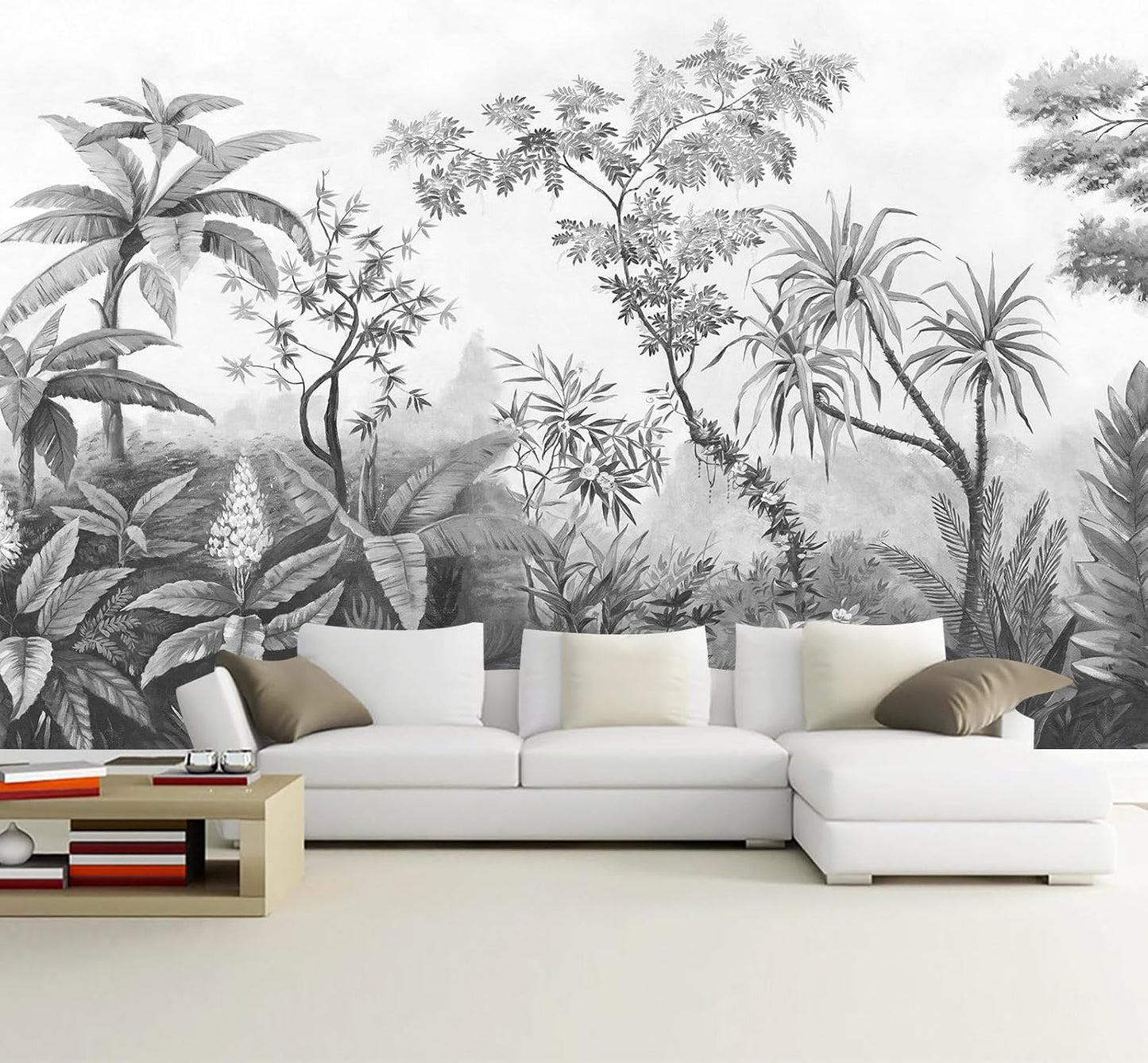 Gray Tropical Rainforest Botanical Wallpaper Bedroom Hand-Painted Oil Painting Jungle Plant Wall Mural Living Room (Not Peel and Stick)