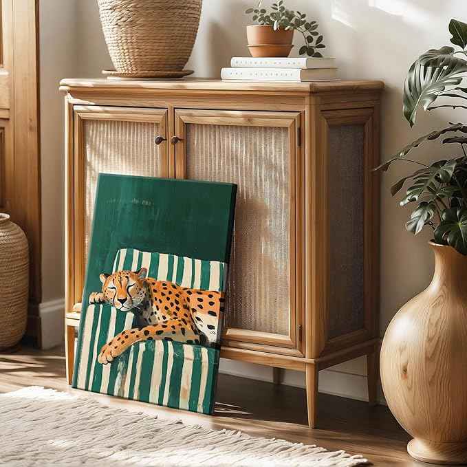 Sleepy Leopard Canvas Wall Art Maximalist Emerald Green Cheetah Wall Decor Pictures Trendy Eclectic Leopard Animal Poster Prints Aesthetic Apartment Dorm Bedroom Home Decoration 12x16in