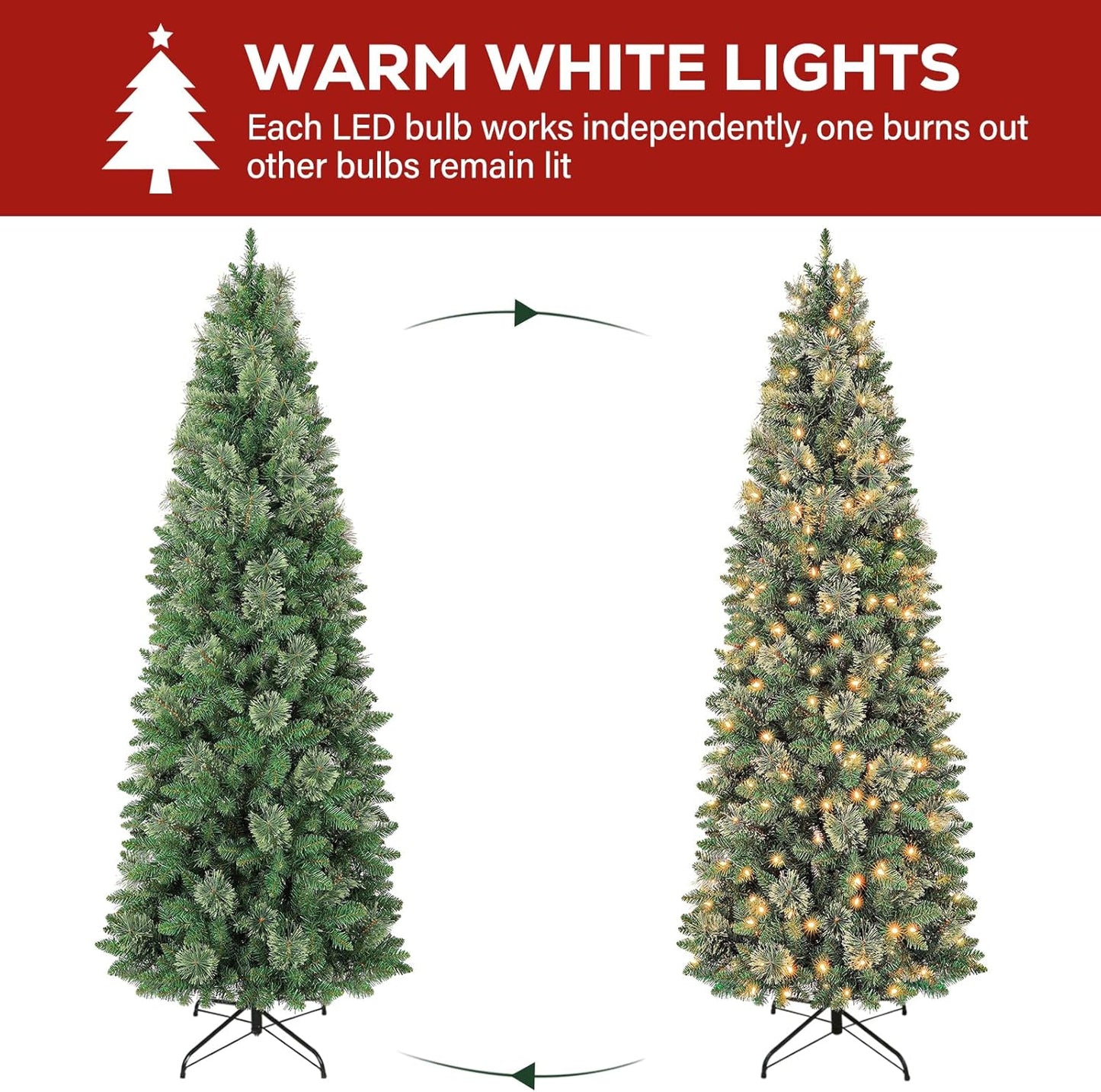 Hykolity 6 ft Prelit Pencil Slim Christmas Tree with 200 Warm White LED Lights, 544 PVC Branch Tips, Metal Stand and Hinged Branches