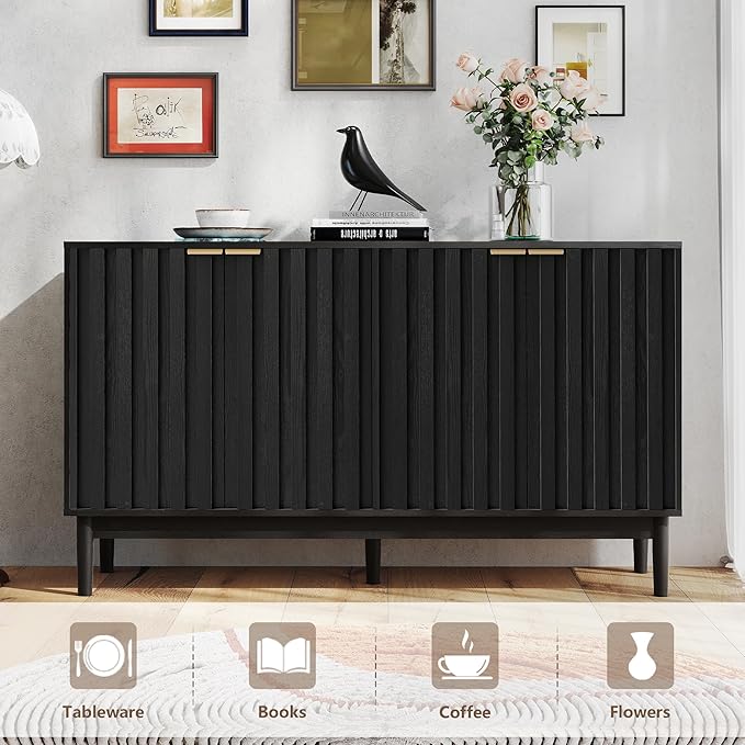 Fluted Cabinet with Storage, Small Buffet Cabinet Sideboard with Door, Kitchen Buffet Storage Accent Cabinets with Adjustable Shelves for Living Room, Entry, Hallway,Black