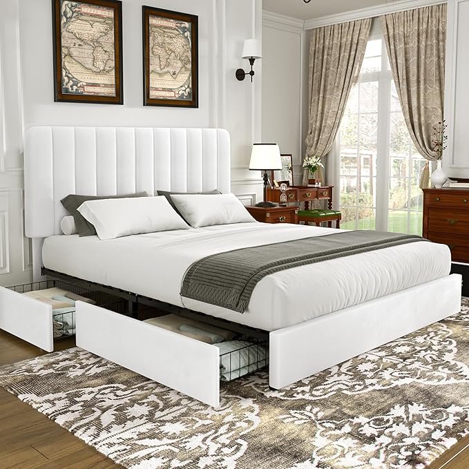 VECELO Full Size Upholstered Bed Frame with 4 Drawers and Headboard, Velvet Platform Storage Bedframe, Wooden Slats Support, No Box Spring Needed,Snow-White