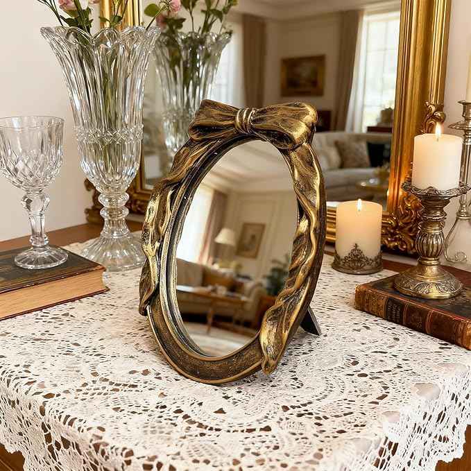 Vintage Round Vanity Desk Mirror - 8x6Inch Elliptical Tabletop Decorative Ornate Gold Accent Retro Makeup Mirror for Bedroom Dresser Living Room Bathroom Dorm Champagne Gold