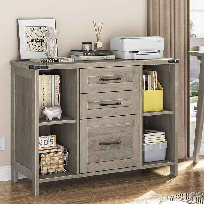 Vabches File Cabinet with 3 Drawers, Farmhouse Lateral File Cabinet Fits Files Letter/A4 Size, Wooden Filing Cabinet with Adjustable Shelves Printer Stand for Home Office, Grey