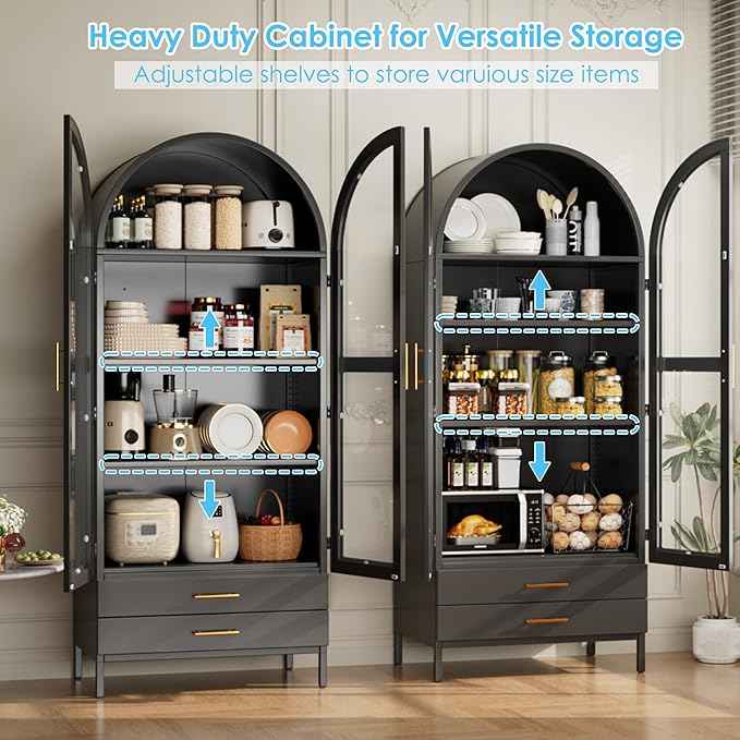 Metal Arched Pantry Cabinet with 2 Drawers and Glass Doors,Black Arched Bookcase with 2 Adjustable Shelf for Kitchen Home Office,Installation Required,Black