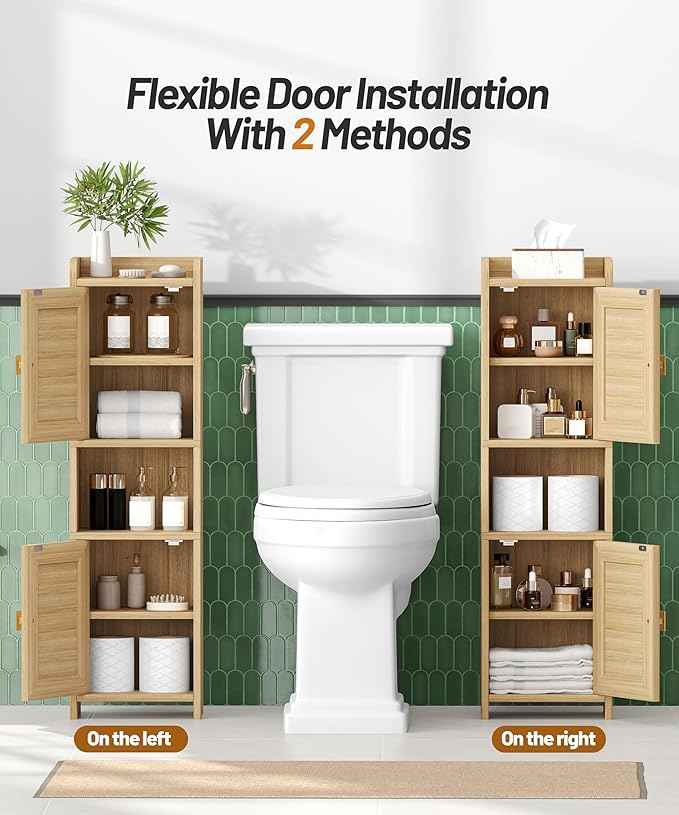 Rattan Small Bathroom Cabinet with 2 Doors, 7.9''D x 9.8''W x 34.8" H Narrow Floor Cabinet with Adjustable Shelf, Bathroom Organizer for Small Spaces, Wooden Corner Unit, Natural Oak