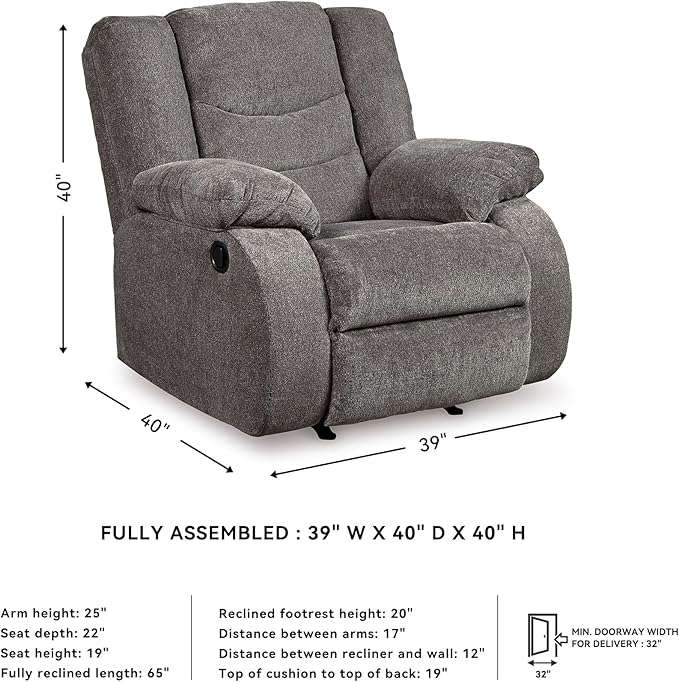 Signature Design by Ashley Tulen Contemporary Rocker Recliner, Gentle Rocking Motion, Pull Tab Reclining, Fabric Upholstery, 39" W x 40" D x 40" H, Dark Gray