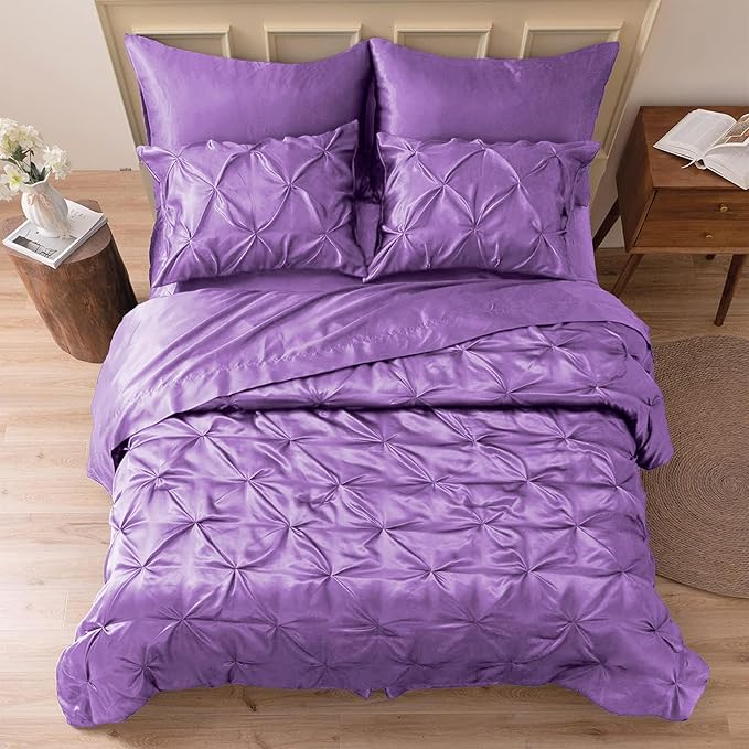 MR&HM Satin Comforter Full 7 Pieces - Luxurious Pinch Pleat Bedding Set with Comforter, Flat Sheet, Fitted Sheet, Pillowcases & Shams, Super Silky Soft Bed Set for All Season (Full, Lavender)