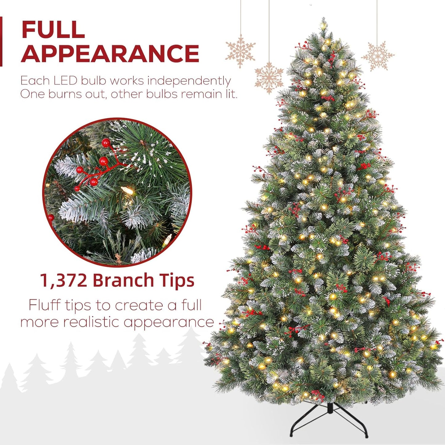 Hykolity 7.5 ft Prelit Artificial Christmas Tree, Partially Frosted Christmas Pine Tree with Red Berries, 350 Warm White Lights, 1372 PVC Branch Tips, Metal Stand and Hinged Branches