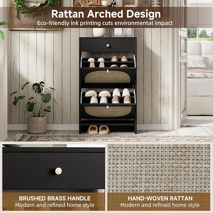 Nicetree Shoe Cabinet for Entryway, Slim Shoe Rack with 2 Flip Drawers and Top Storage Drawer, Narrow Shoe Organizer with Printed Rattan-Look Design, Entryway Shoe Storage for Size 12 Shoes, Black