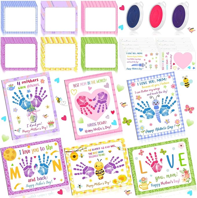 Beeveer 48 Sets Mother's Day Handprint Crafts DIY Religious Hand Keepsake Craft Gifts with Flower Stickers for Mom Dad Home Party Activities(Bright Colors)