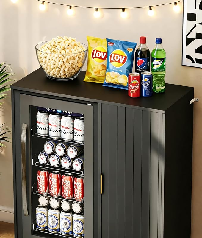 Coffee Bar with Mini Fridge Space - Snack Bar Cabinet with Power Outlet, Fluted Mini Fridge Cabinet with Adjustable Shelf for Kitchen Dining Room Living Room, Black