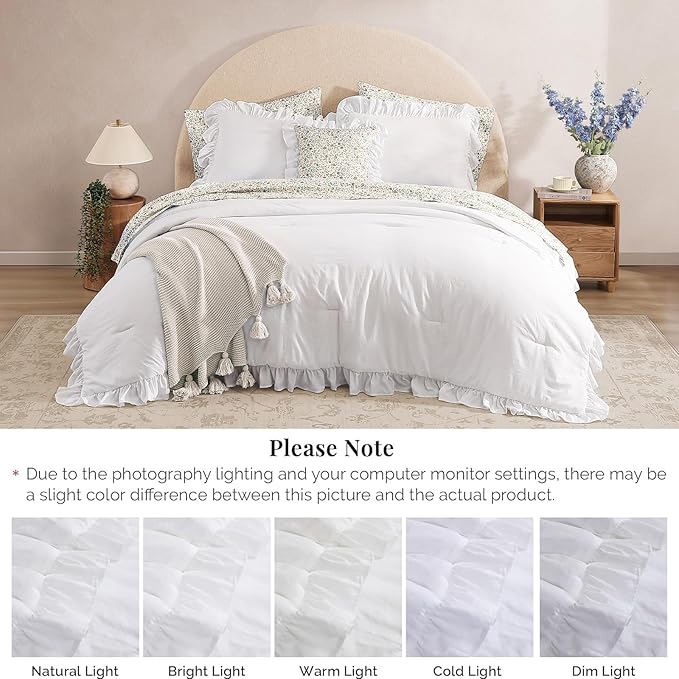 Full Comforter Set - 7 Pieces Ruffle White Bedding Sets, Shabby Chic Farmhouse Bed in a Bag Full with Ruffle Comforter, Floral Sheets, Pillowcases & Shams