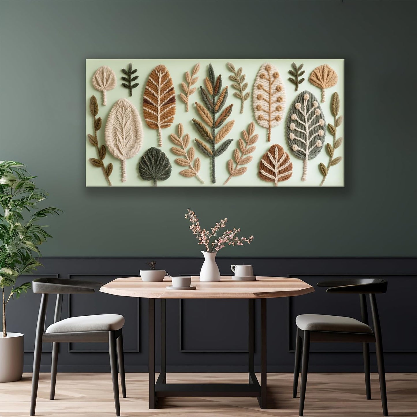 Boho Wall Art Chic Home Wall Art Modern Multicolor Painting Prints Leaves Feather Green Canvas Wall Art Decor For Living Room Bedroom Apartment Kitchen 24"W X 48"L Ready To Hanging