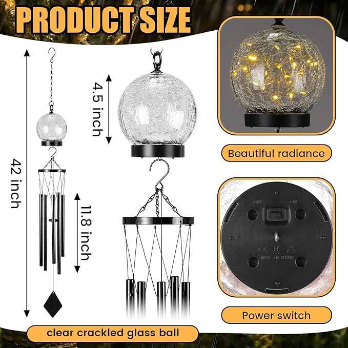 BreezeHug Solar Wind Chimes Outdoor Lights 42 Inch Large Sympathy Gift Chime 15 LED Twinkle Warm White Crackled Glass Ball Hanging Lantern Gifts for Birthday Garden Yard Patio Landscape Decor