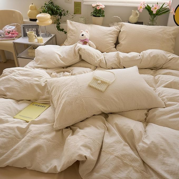 LifeTB Tan Gingham Comforter Set King Romantic Lace Bedding Beige Plaid Comforter Set Vintage Grid Checkered Pattern Comforter with 2 Pillowcases Farmhouse Taupe Plaid Gingham Bedding Set