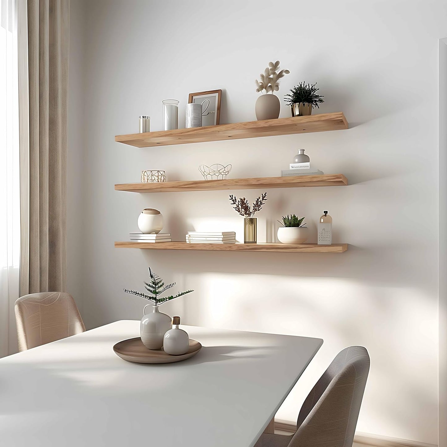 Wood Floating Shelves for Wall Decor, Rustic Wall Shelves for Bedroom Bathroom Kitchen Living Room, Set of 4 Light Walnut 48 Inch - Décor Diaries