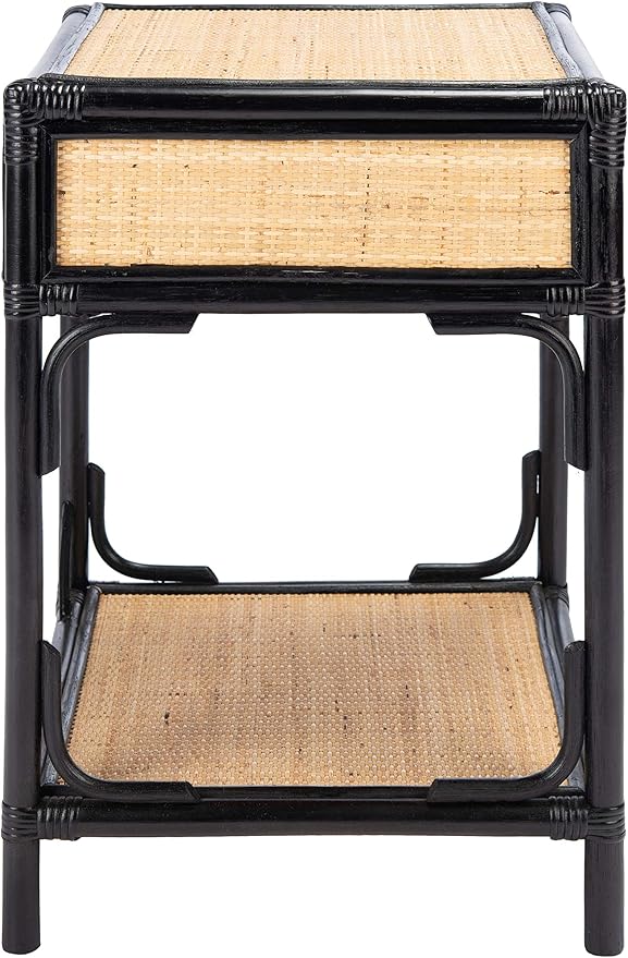 SAFAVIEH Home Collection – Roya Black & Natural Nightstand with Drawer & Shelf, Coastal Accent Table, Bamboo-Style Frame & Rattan Drawer (NST4005D)