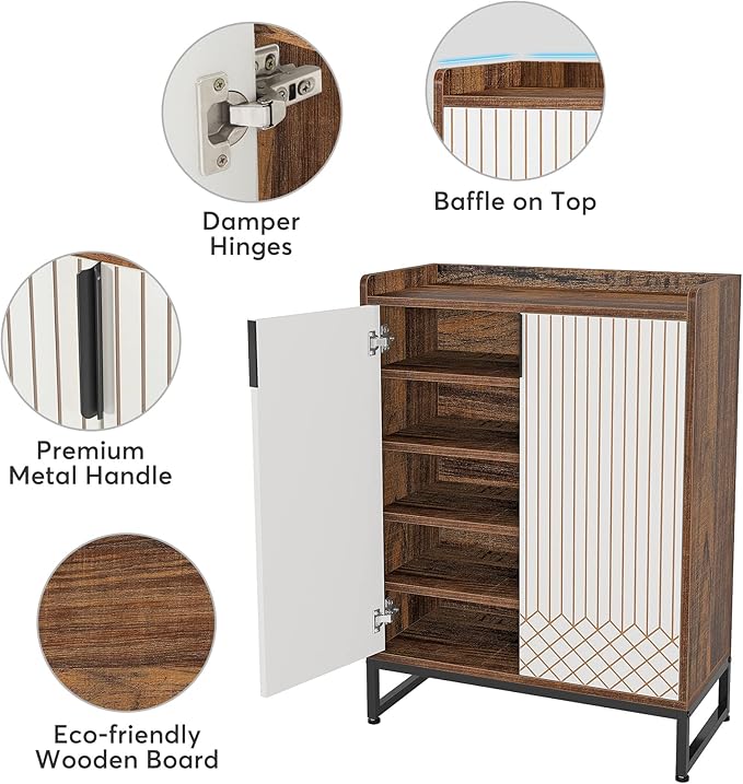 Tribesigns Modern Shoe Cabinet for Entryway, 25 Pairs Shoe Cabinet with Doors, Wood 5-Tier Shoe Organizer, Freestanding Brown Shoe Storage Cabinets with Black Metal Frame for Bedroom Living Room