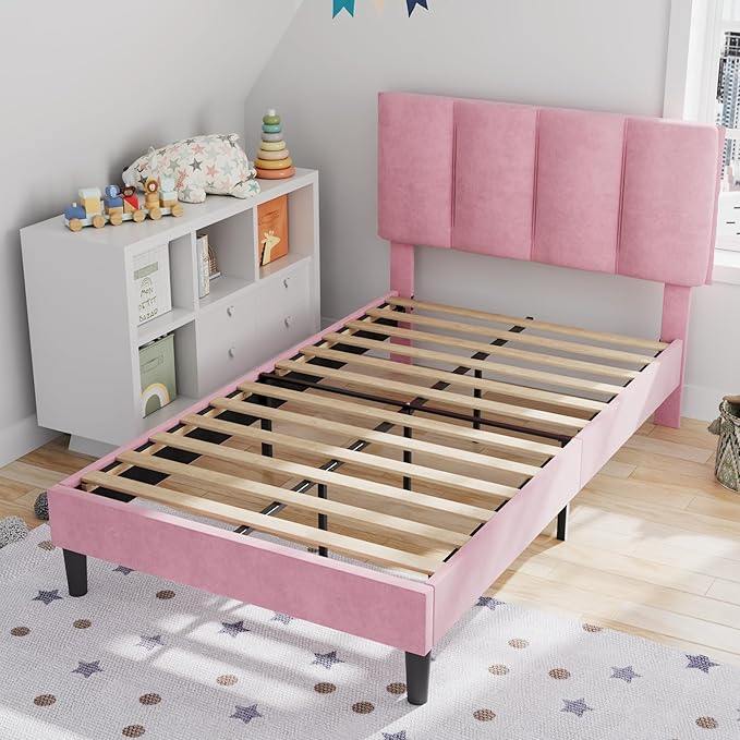 VECELO Twin Bed Frame with Upholstered Headboard, Heavy-Duty Platform Bedframe with Strong Wooden Slats Support, No Boxing Spring Needed, Pink