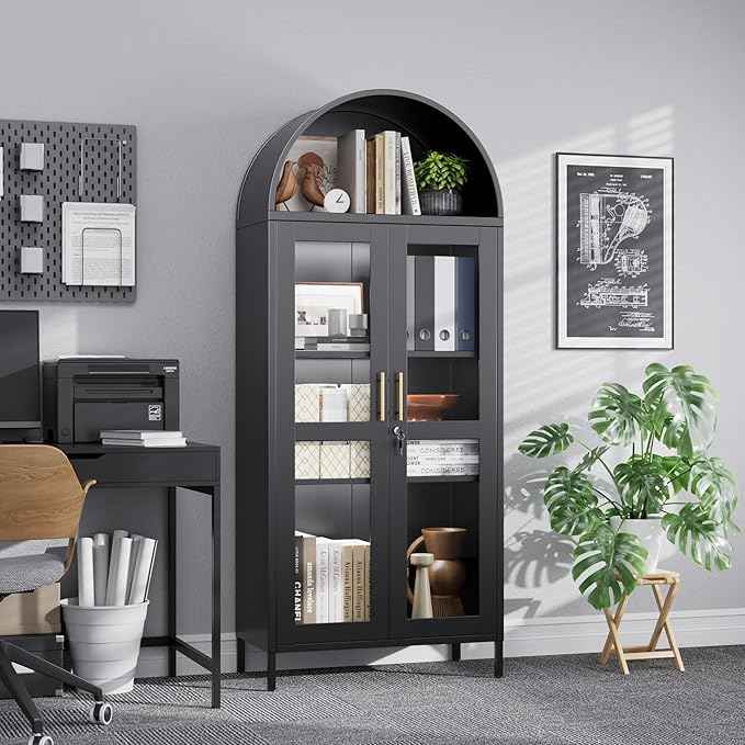 Metal Arched Bookcase Cabinet with 3 LED Strips,Lockable Arched Display Cabinet with Glass Doors for Living Room, Home,Office, Assembly Required (Black)