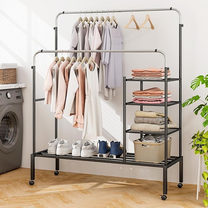Tangkula Rolling Double Rods Garment Rack, Clothes Drying Rack with Height Adjustable Hanging Bars, Storage Shelves & Lockable Wheels, Heavy-duty Steel Clothing Rack for Indoor & Outdoor Use (Silver)