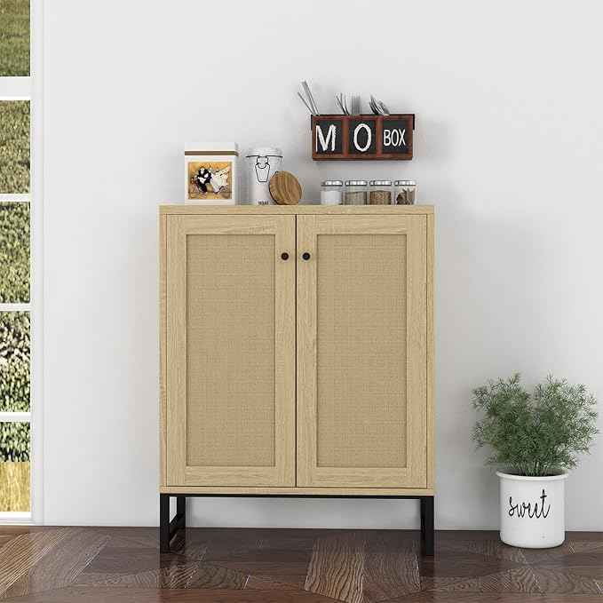 Panana Rattan Decorated 2 Doors Storage Cabinet Accent Cabinet Living Room Cupboard Kitchen Sideboard Buffet Table (Natural)