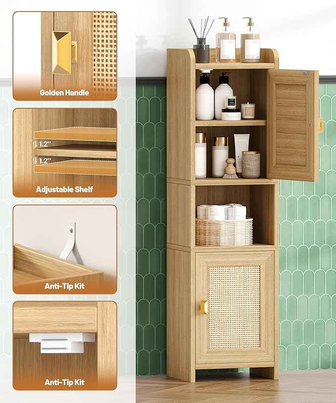 Rattan Small Bathroom Cabinet with 2 Doors, 7.9''D x 9.8''W x 34.8" H Narrow Floor Cabinet with Adjustable Shelf, Bathroom Organizer for Small Spaces, Wooden Corner Unit, Natural Oak