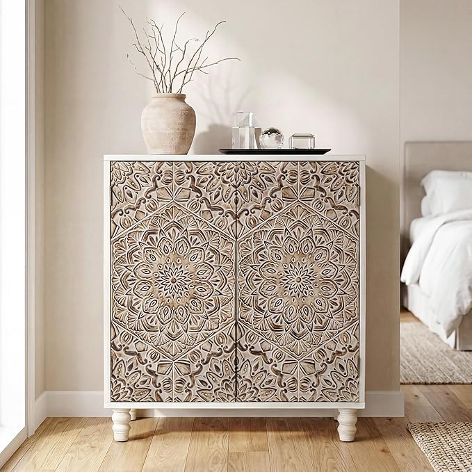 COSIEST Set of 3 32" Buffet Sideboard Cabinets with Vintage Firework Carved Pinewood Doors, Push-to-Open Storage Accent Cabinets, Gray