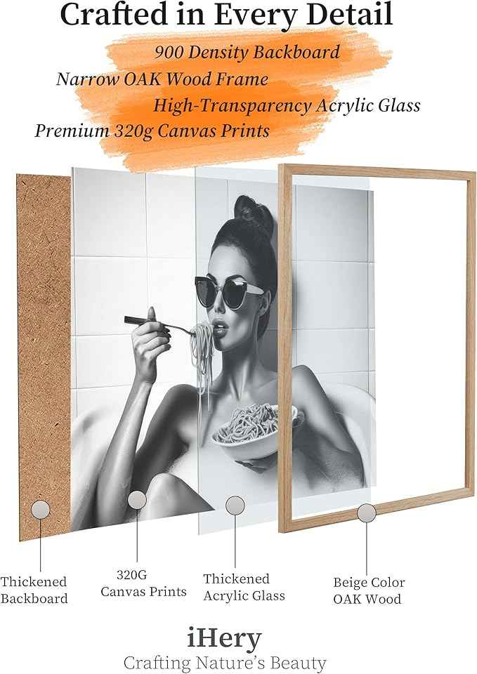iHery Natural OAK Wood Framed Woman Eating Spaghetti in Bathtub Wall Art, 12x16in Beige Frame Woman Eating Pasta Canvas Print, Black and White Bathroom Poster, Retro Decor Set of 1