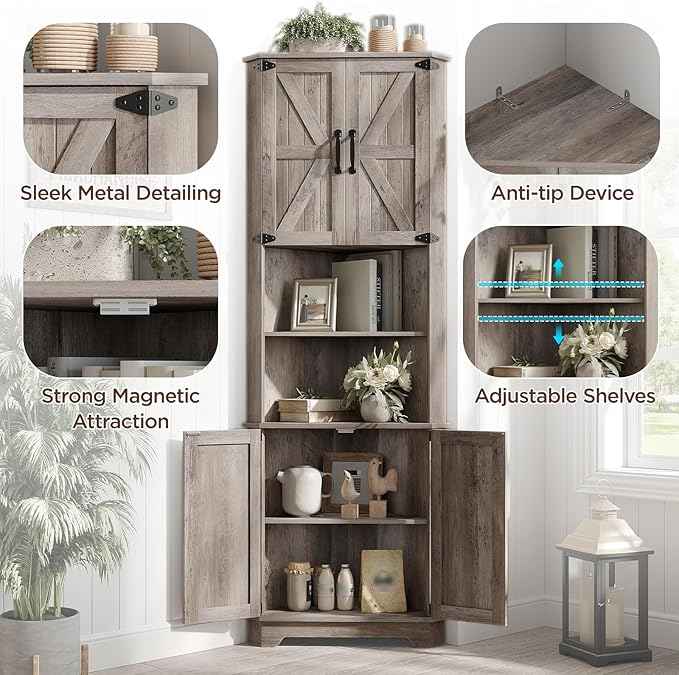 Vabches 68.9" Tall Corner Cabinet, Farmhouse Style Storage Cabinet with Adjustable Shelve, Barn Door Design, Home Space Saver for Kitchen,Bathroom, Living Room, Dining Room (Grey)