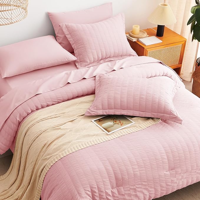 CozyLux Full Size Comforter Sets with Sheets Seersucker 7 Pieces Pink Bed in a Bag Textured Luxury Soft Bedding Set with Down Alternative Comforter, Sheets, Pillowcases & Shams for All Seasons