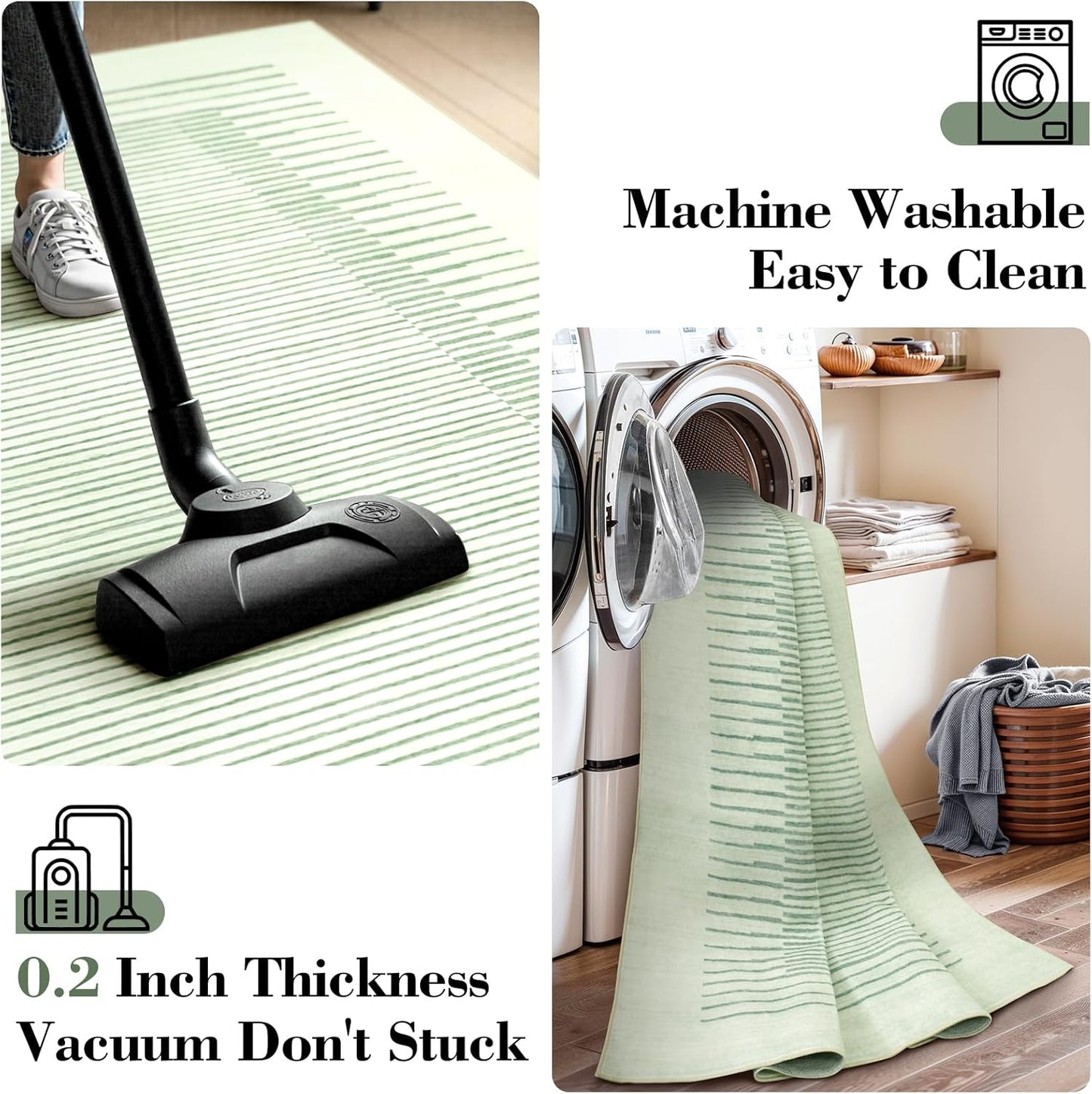 Wonnitar Washable Striped 8x10 Rugs for Living Room, Non-Slip Soft Sage Green Bedroom Rug, Low Pile Minimalist Floor Carpet for Nursery Playroom Dining Room Department (Green, 8' x 10')