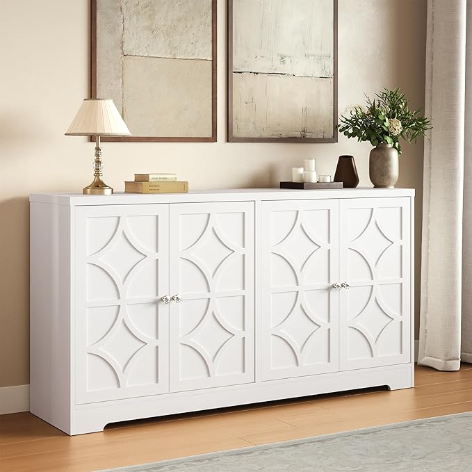 RoyalCraft Sideboard Buffet Cabinet with Storage, 56" Modern Sideboard with 4 Carved Doors and Adjustable Shelves, Large Wood Coffee Bar Console Table for Kitchen, Dining Room, Satin White