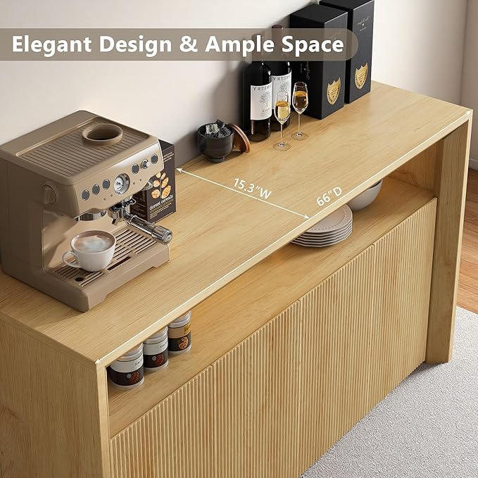 Feonase Buffet Cabinet with Storage & Led Lights, 66.2" Modern Sideboard Cabinet with 4 Doors & Shelves, Fluted Media Console Mid Century, Coffee Bar Table for Dining Room, Living Room, Kitchen, Oak