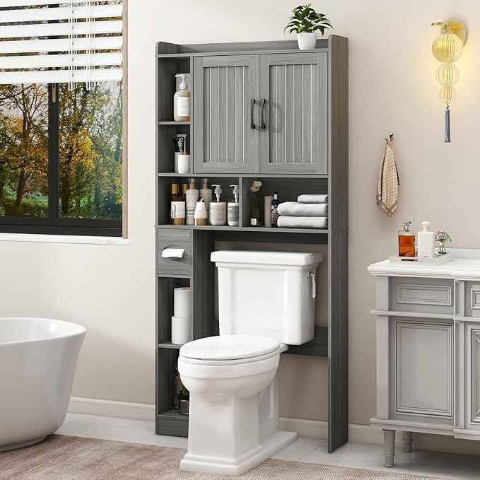 Vabches Over The Toilet Storage Cabinet, Farmhouse Storage Cabinet Over Toilet with Barn Door，Home Space-Saving Toilet Rack for Bathroom, Restroom and Laundry.（Wash Grey）