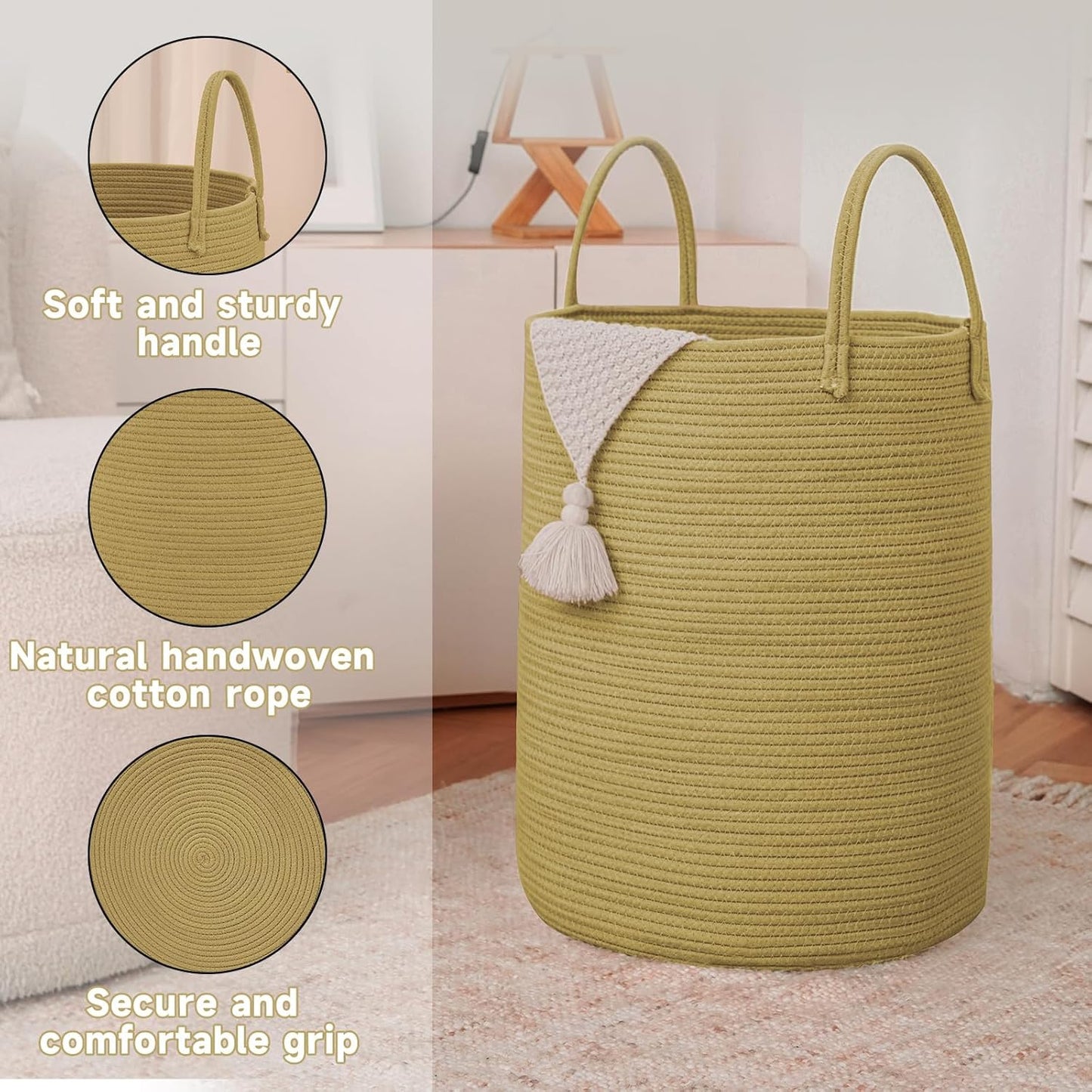 Large Woven Laundry Basket Hamper,100L Cotton Rope Storage Bin for Blankets,Toys and Clothes,Decorative Tall Nursery Hamper for Living Room,Baby Nursery,Bathroom and Bedroom,Jute