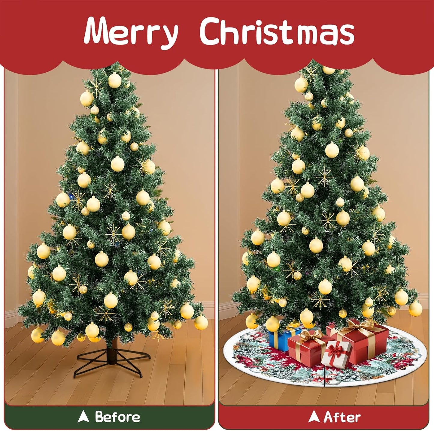 Christmas Tree Skirt 48 Inch, Red Snowman Trucker Xmas Tree Skirts, Winter Christmas Trees Mat for Home Party Holiday Indoor Outdoor Decorations