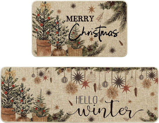 Artoid Mode Holly Ornament Merry Christmas Kitchen Mats Set of 2, Winter Home Decor Low-Profile Kitchen Rugs for Floor - 17x29 and 17x47 Inch