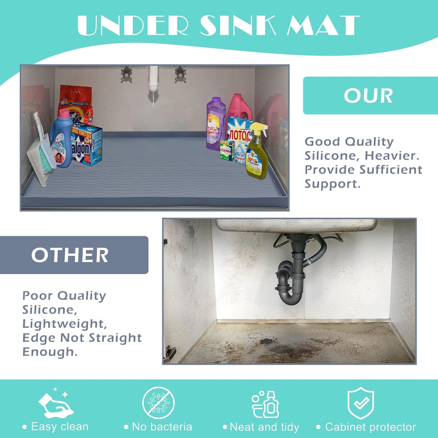 URMONA Waterproof Silicone Under Sink Mat 25'' x 22'' Shelf Liner for Kitchen and Bathroom, Cabinet and Counter Protector, Storage and Organizers, Litter Mat, Pet Cat Puppy Essentials(Light Grey)