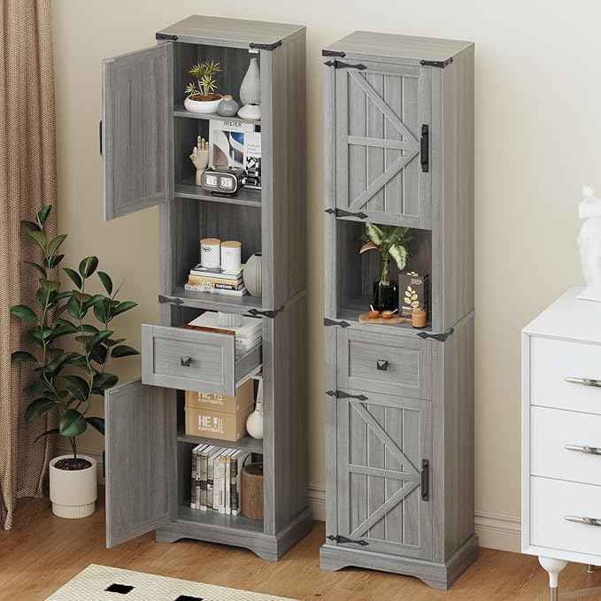 Vabches 66" Tall Farmhouse Bathroom Storage Cabinet with Barn Doors and Drawer, Narrow Storage Unit, Adjustable Shelves & 5-Tier Space, Freestanding Cabinet for Bathroom, Entryway, Kitchen, Wash Grey
