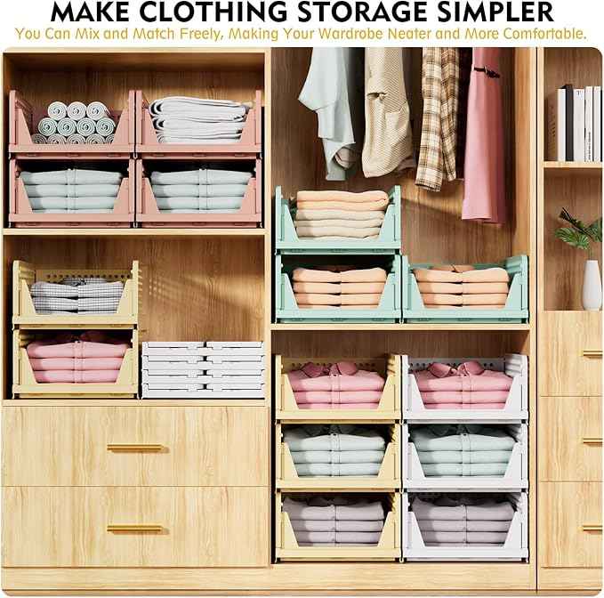 SNSLXH 5 Pack Stackable Closet Organizer Box, Multifunctional & Foldable Closet Storage Basket for Bathroom Kitchen Laundry Room Wardrobe Storage, Space-Saving Clothes Storage Drawer Organizer, Pink