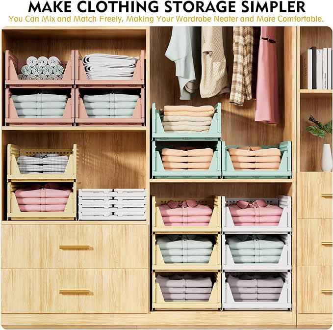 SNSLXH 8 Pack Stackable Closet Storage Bins, Multifunctional & Foldable Closet Organizers and Storage for Bathroom Kitchen Laundry Room Drawer Shelf Storage, Space-Saving Wardrobe Organizer, White