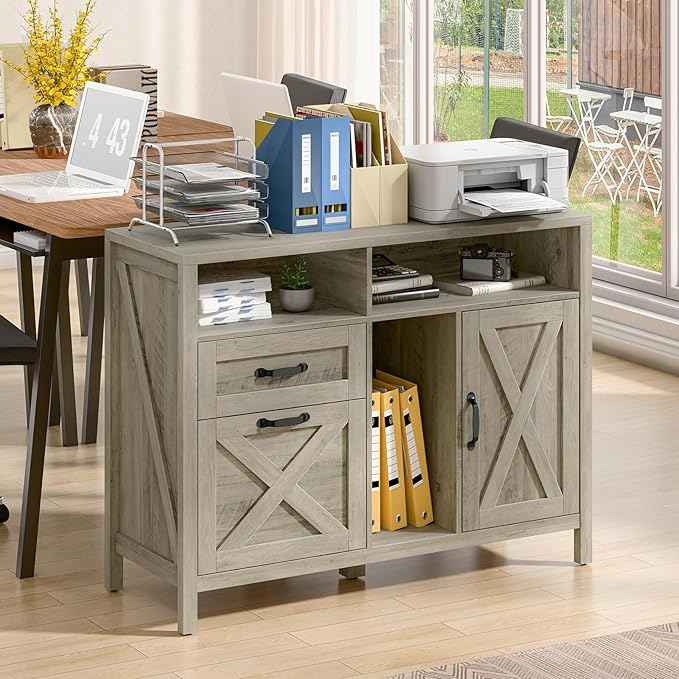 Vabches Lateral File Cabinet, Farmhouse 2 Drawer File Cabinet with Open Storage Shelf for Letter/Legal/A4 Size Hanging Files, Large Wood Storage Cabinets Printer Stand for Home Office, Rustic Grey