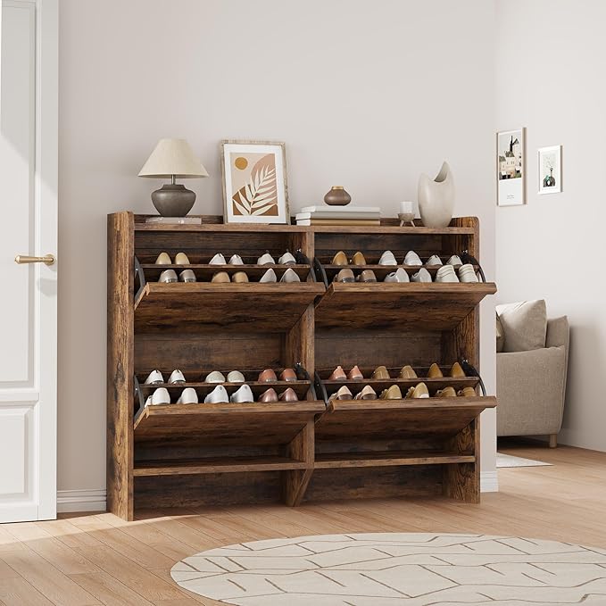GarveeHome Shoe Cabinet with 4 Flip Drawers, Wooden Shoe Organizer Cabinet with Adjustable Shelf, Shoe Storage for Entryway, Hidden Shoe Cabinet for Hallway, Living Room, Rustic Brown