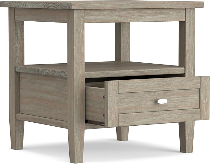 SIMPLIHOME Warm Shaker End Table - 20 inch Wide Solid Wood Side Table in Distressed Grey, Transitional Accent Table for Living Room or Bedroom with Drawer, Open Shelf and Square Tapered Legs