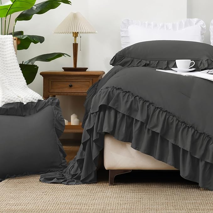Andency Dark Gray California King Comforter Set, 3 Pieces Lightweight Fluffy Farmhouse Shabby Chic Bedding Comforter Sets, Soft Microfiber All Season Cal King Bed Set (104x96Inch)