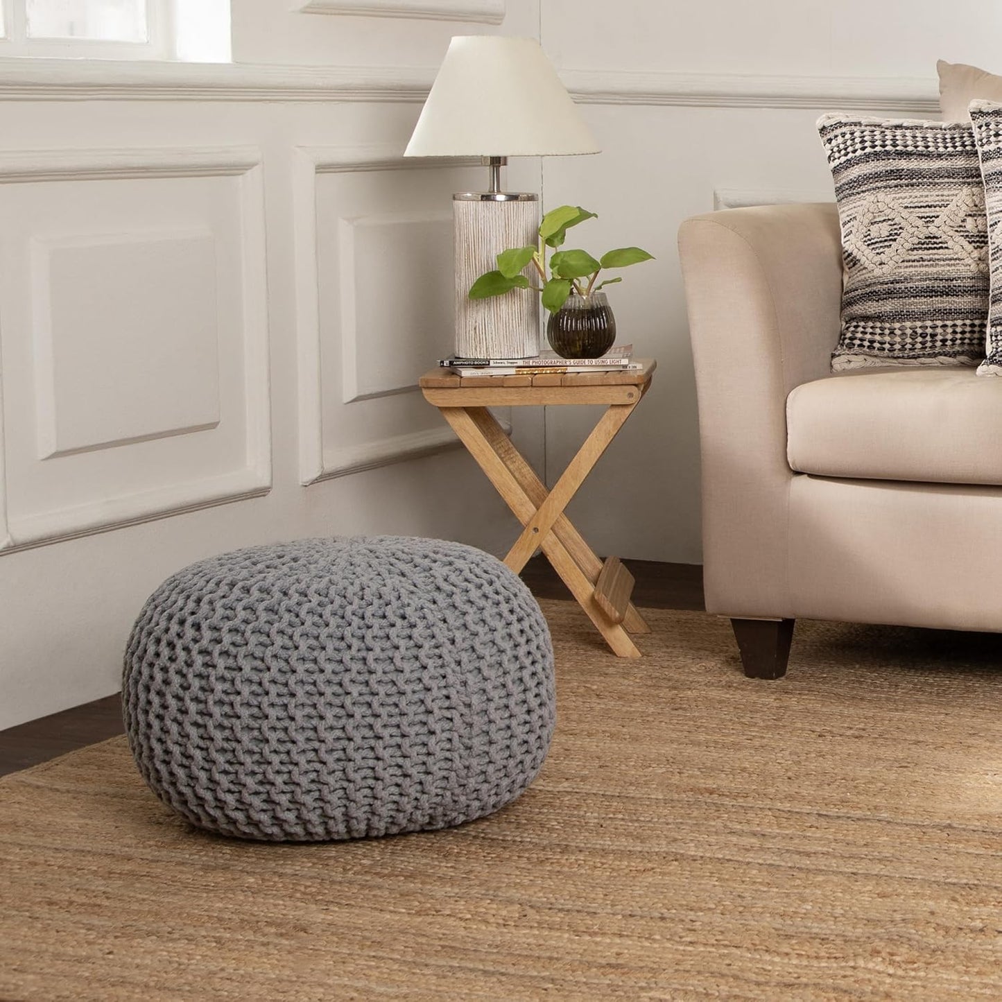 REDEARTH Round Boho Pouf Ottoman - Cable Knitted Cord Boho Pouffe - Stuffed Poof Accent Beanbag Footrest for Living Room - Nursery - Bedroom - Covered Patio - Study Nook (18”x18”x14”) - Gray-S