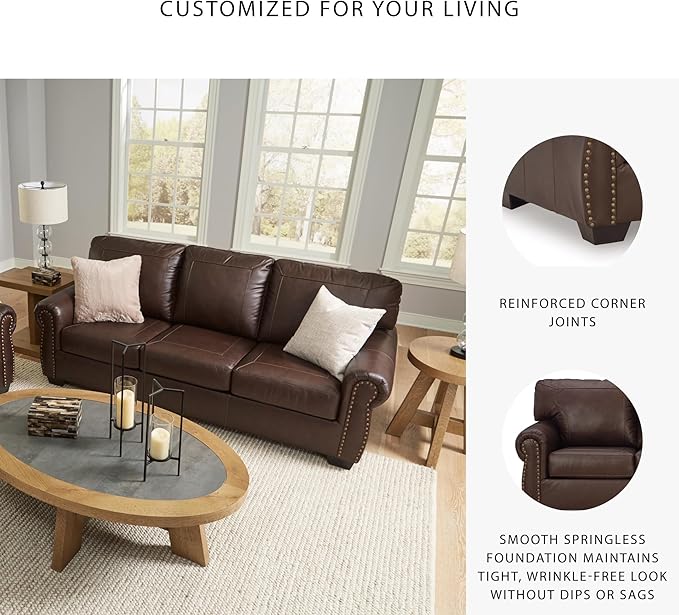Signature Design by Ashley Colleton Classic Leather Match Sofa with Nailheads, Dark Brown